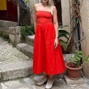 Aritzia orange/red Strapless fluid poplin Dress